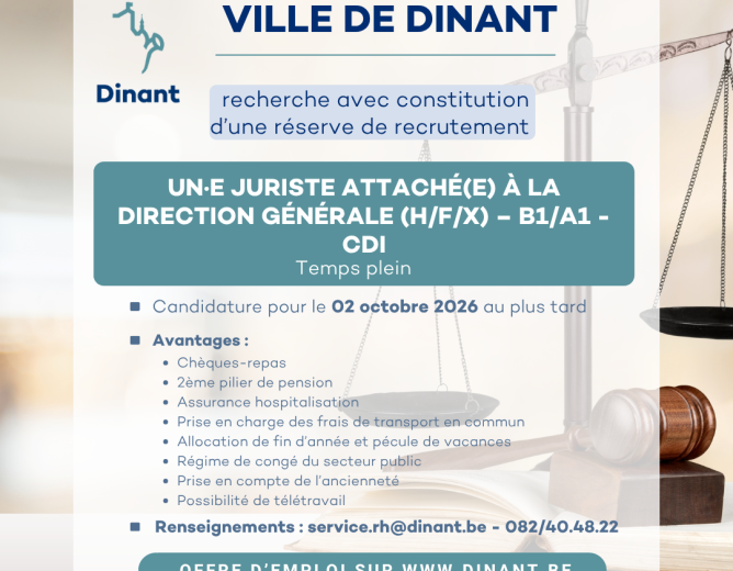 Offre d’emploi – un·e juriste attaché(e) à la direction générale – B1/A1 -temps plein (H/F/X) – CDI