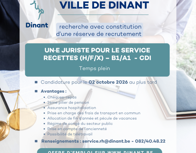 Offre d’emploi – un·e juriste pour le service recettes – B1/A1 -temps plein (H/F/X) – CDI